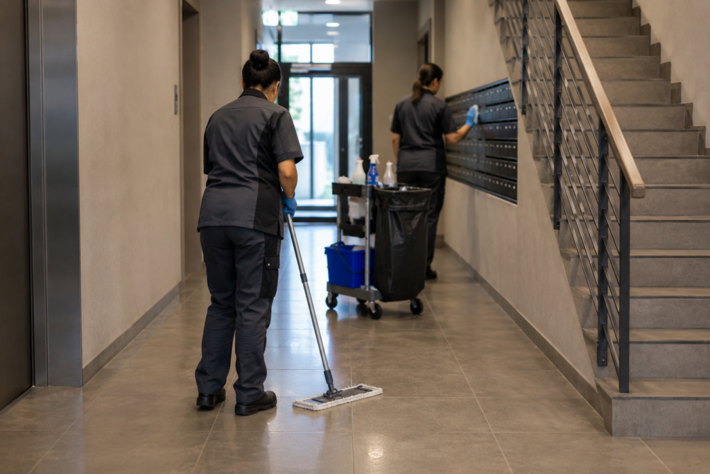 Schoonmaak in hal van appartementen complex